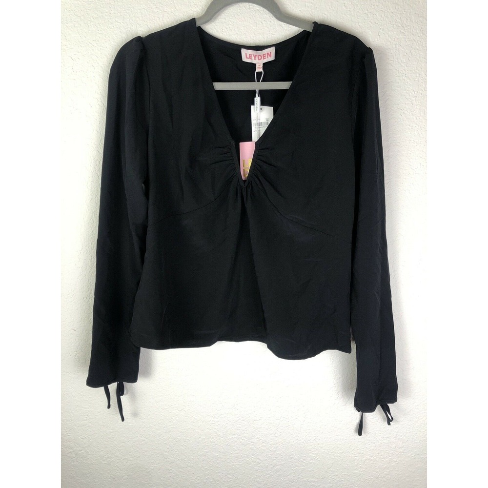 LEYDEN Black Long-Sleeve Printed V-Neck Top Blouse Sz Medium NWT